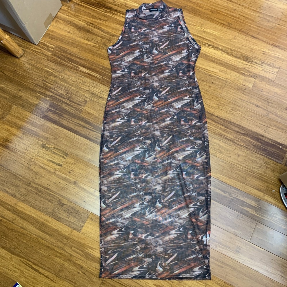 PrettyLittleThing Bodycon Dress‎ Marble Print Sleeveless Mock Neck Sheer Size 14